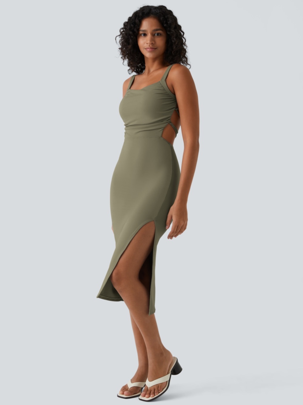 Halara SoftlyZero™ Airy Ruched Lace Up Bodycon Midi Casual Dress - Picture 4 of 5